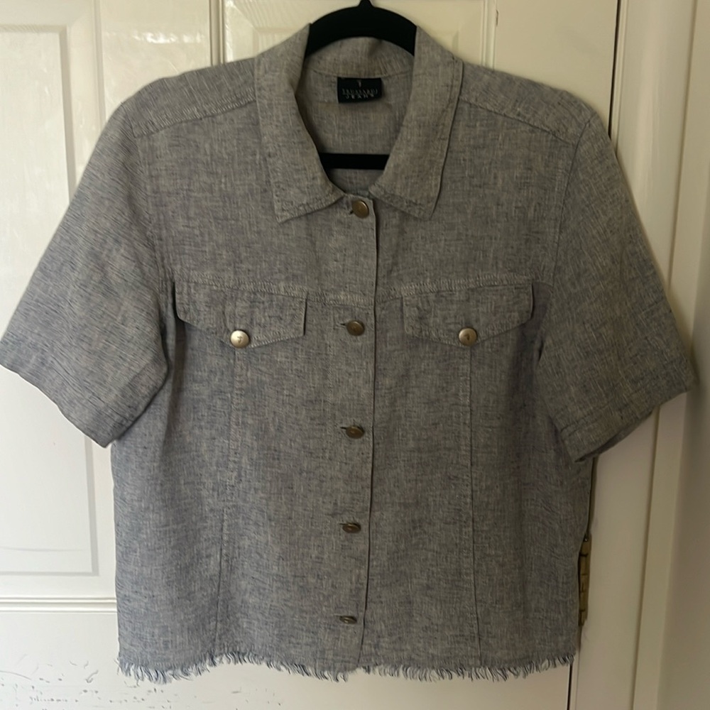 Trussardi Blue/grey  Short Sleeve Linen Jacket With Fringe Trim And Gold Buttons